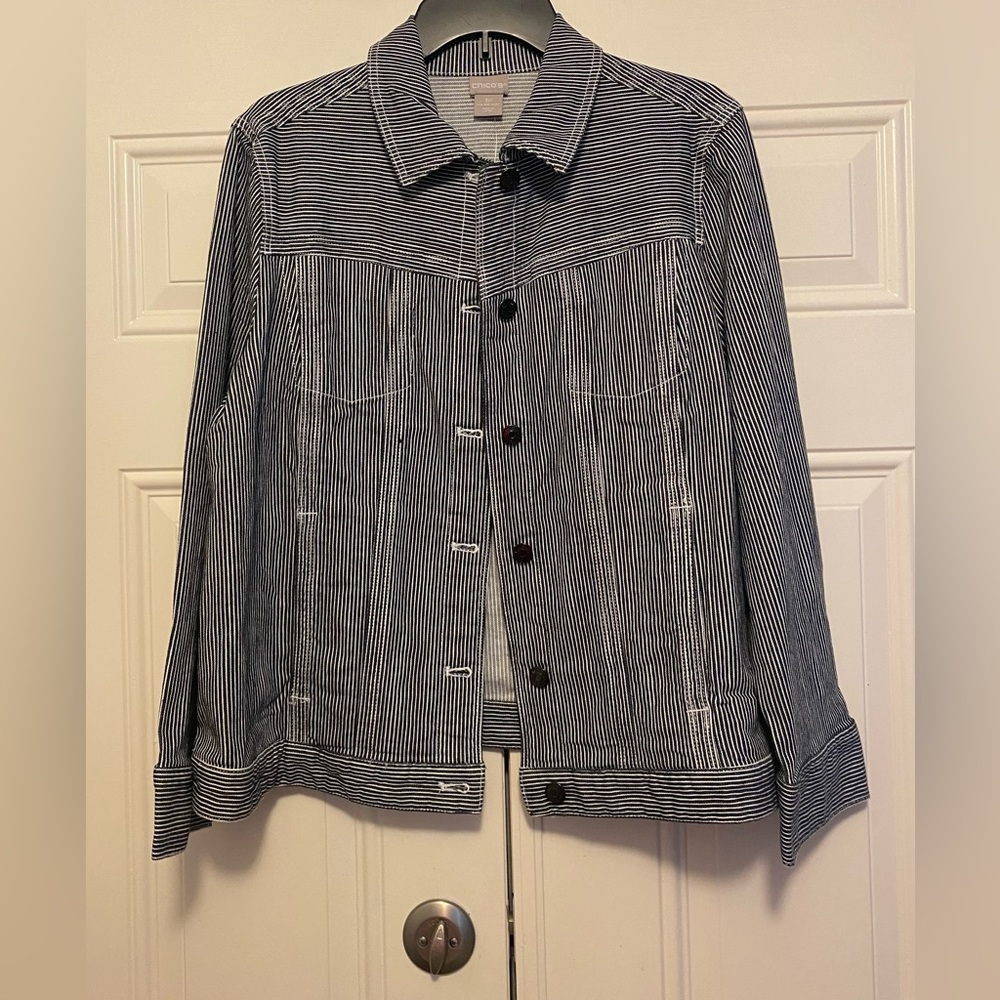 NWT Chico’s black & white striped denim jacket, size 16/18P, Chico’s 3P SO CUTE!